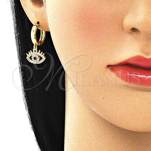 Gold Filled Hoop Earrings — Huggie Hoop Evil Eye Design with Sapphire Blue — alternate product view — SKU 140941 | Oro Laminado aretes de aro — Huggie Hoop Evil Eye diseño with Sapphire Blue — SKU 140941