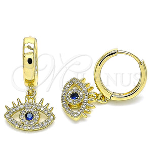 Gold Filled Hoop Earrings — Huggie Hoop Evil Eye Design with Sapphire Blue — main product view — SKU 140941 | Oro Laminado aretes de aro — Huggie Hoop Evil Eye diseño with Sapphire Blue — SKU 140941