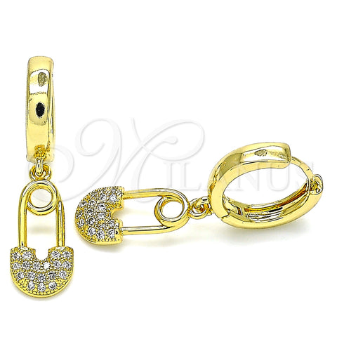 Oro Laminado Huggie Hoop, Gold Filled Style Paperclip Design, with White Micro Pave, Polished, Golden Finish, 02.341.0074.15