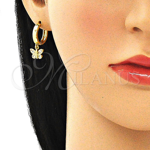 Gold Filled Hoop Earrings — Huggie Hoop Butterfly Design with White Micro Pave — alternate product view — SKU 140944 | Oro Laminado aretes de aro — Huggie Hoop Butterfly diseño with blanco Micro Pave — SKU 140944
