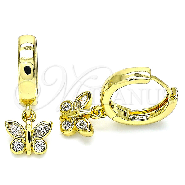 Gold Filled Hoop Earrings — Huggie Hoop Butterfly Design with White Micro Pave — main product view — SKU 140944 | Oro Laminado aretes de aro — Huggie Hoop Butterfly diseño with blanco Micro Pave — SKU 140944