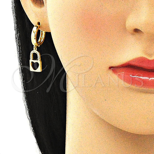 Gold Filled Hoop Earrings — Huggie Hoop Lock and Heart Design with White — alternate product view — SKU 140945 | Oro Laminado aretes de aro — Huggie Hoop Lock and corazón diseño with blanco — SKU 140945