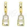 Oro Laminado Huggie Hoop, Gold Filled Style Lock and Heart Design, with White Micro Pave, Polished, Golden Finish, 02.341.0076.15