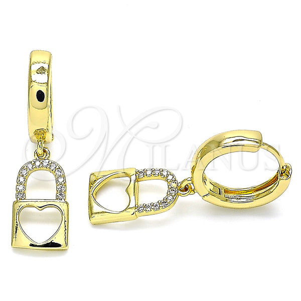 Gold Filled Hoop Earrings — Huggie Hoop Lock and Heart Design with White — main product view — SKU 140945 | Oro Laminado aretes de aro — Huggie Hoop Lock and corazón diseño with blanco — SKU 140945