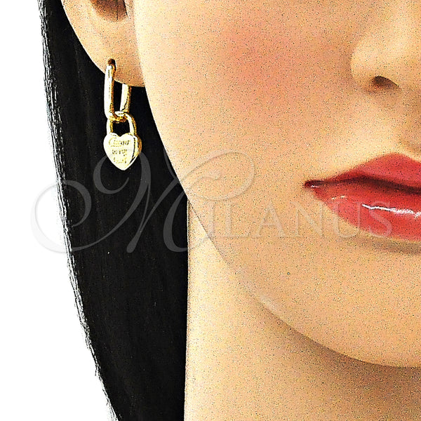 Gold Filled Hoop Earrings — Huggie Hoop Lock and Heart Design Polished 02. — alternate product view — SKU 140946 | Oro Laminado aretes de aro — Huggie Hoop Lock and corazón diseño pulido 02. — SKU 140946