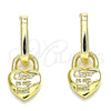 Oro Laminado Huggie Hoop, Gold Filled Style Lock and Heart Design, Polished, Golden Finish, 02.341.0077.12