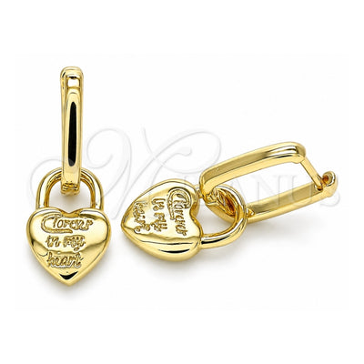 Oro Laminado Huggie Hoop, Gold Filled Style Lock and Heart Design, Polished, Golden Finish, 02.341.0077.12