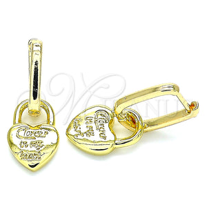 Gold Filled Hoop Earrings — Huggie Hoop Lock and Heart Design Polished 02. — main product view — SKU 140946 | Oro Laminado aretes de aro — Huggie Hoop Lock and corazón diseño pulido 02. — SKU 140946