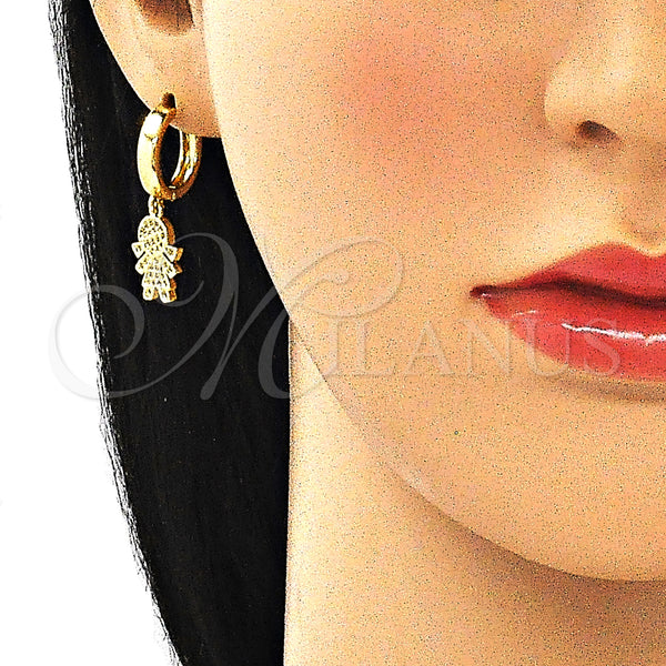 Gold Filled Hoop Earrings — Huggie Hoop Little Girl Design with White Micro — alternate product view — SKU 140950 | Oro Laminado aretes de aro — Huggie Hoop Little Girl diseño with blanco Micro — SKU 140950