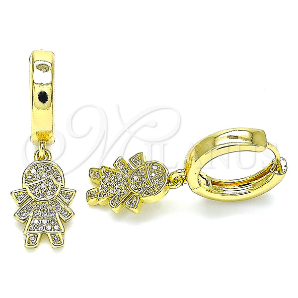 Gold Filled Hoop Earrings — Huggie Hoop Little Girl Design with White Micro — main product view — SKU 140950 | Oro Laminado aretes de aro — Huggie Hoop Little Girl diseño with blanco Micro — SKU 140950