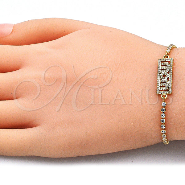 Gold Filled Bracelet — Adjustable Bolo Bracelet Mom Design with White Micro — alternate product view — SKU 140957 | Oro Laminado brazalete — Adjustable Bolo Bracelet Mom diseño with blanco Micro — SKU 140957