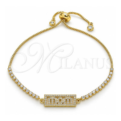 Oro Laminado Adjustable Bolo Bracelet, Gold Filled Style Mom Design, with White Micro Pave, Polished, Golden Finish, 03.341.0128.11 (01 MM Thickness, 11 Inches Length)