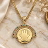 Oro Laminado Pendant Necklace, Gold Filled Style Hand of God and Judaica Design, with Multicolor Micro Pave, White Enamel Finish, Golden Finish, 04.313.0026.20 (02 MM Thickness, 20 Inches Length)