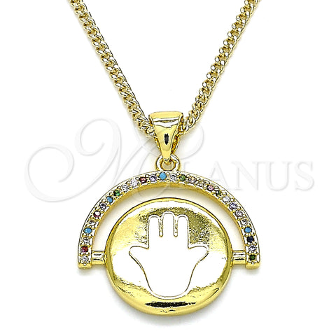 Oro Laminado Pendant Necklace, Gold Filled Style Hand of God Design, with Multicolor Micro Pave, White Enamel Finish, Golden Finish, 04.313.0026.20 (02 MM Thickness, 20 Inches Length)