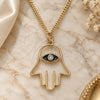 Oro Laminado Pendant Necklace, Gold Filled Style Hand of God and Judaica Design, with White Cubic Zirconia, White Enamel Finish, Golden Finish, 04.313.0031.20 (02 MM Thickness, 20 Inches Length)