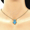 Oro Laminado Pendant Necklace, Gold Filled Style Hand of God and Judaica Design, with White Cubic Zirconia, Turquoise Enamel Finish, Golden Finish, 04.313.0032.18 (02 MM Thickness, 18 Inches Length)