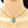 Oro Laminado Pendant Necklace, Gold Filled Style Hand of God Design, with White Cubic Zirconia, Turquoise Enamel Finish, Golden Finish, 04.313.0032.18 (02 MM Thickness, 18 Inches Length)