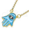 Oro Laminado Pendant Necklace, Gold Filled Style Hand of God Design, with White Cubic Zirconia, Turquoise Enamel Finish, Golden Finish, 04.313.0032.18 (02 MM Thickness, 18 Inches Length)