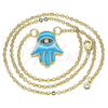 Oro Laminado Pendant Necklace, Gold Filled Style Hand of God Design, with White Cubic Zirconia, Turquoise Enamel Finish, Golden Finish, 04.313.0032.18 (02 MM Thickness, 18 Inches Length)