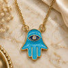 Oro Laminado Pendant Necklace, Gold Filled Style Hand of God and Judaica Design, with White Cubic Zirconia, Turquoise Enamel Finish, Golden Finish, 04.313.0032.18 (02 MM Thickness, 18 Inches Length)