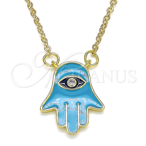 Oro Laminado Pendant Necklace, Gold Filled Style Hand of God Design, with White Cubic Zirconia, Turquoise Enamel Finish, Golden Finish, 04.313.0032.18 (02 MM Thickness, 18 Inches Length)