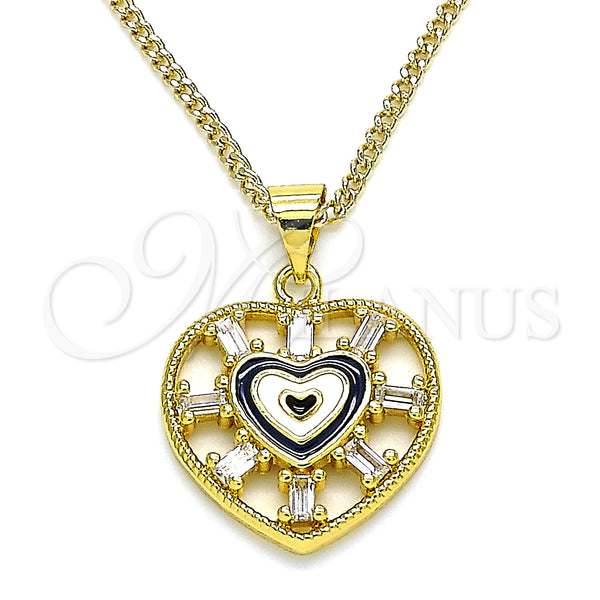 Oro Laminado Pendant Necklace, Gold Filled Style Heart and Baguette Design, with White Cubic Zirconia, Black Enamel Finish, Golden Finish, 04.313.0040.20 (02 MM Thickness, 20 Inches Length)