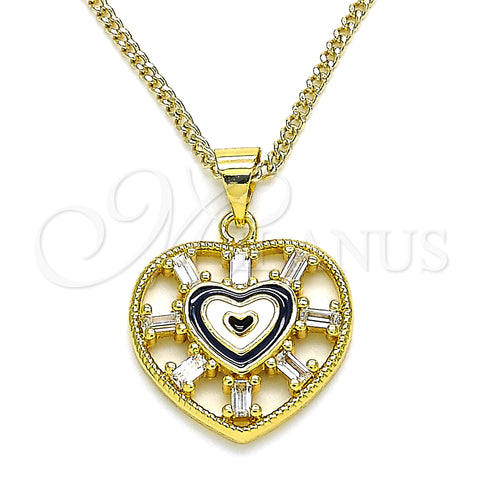 Oro Laminado Pendant Necklace, Gold Filled Style Heart and Baguette Design, with White Cubic Zirconia, Black Enamel Finish, Golden Finish, 04.313.0040.20 (02 MM Thickness, 20 Inches Length)
