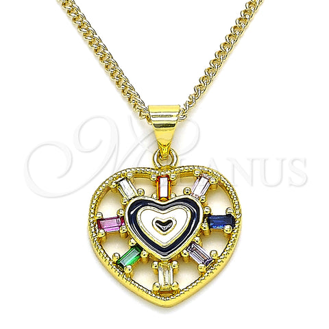 Oro Laminado Pendant Necklace, Gold Filled Style Heart and Baguette Design, with Multicolor Cubic Zirconia, Black Enamel Finish, Golden Finish, 04.313.0040.1.20 (02 MM Thickness, 20 Inches Length)