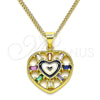 Oro Laminado Pendant Necklace, Gold Filled Style Heart and Baguette Design, with Multicolor Cubic Zirconia, Black Enamel Finish, Golden Finish, 04.313.0040.1.20 (02 MM Thickness, 20 Inches Length)