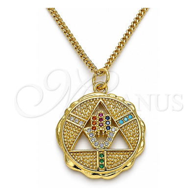 Oro Laminado Pendant Necklace, Gold Filled Style Hand of God and Judaica Design, with Multicolor Micro Pave, Polished, Golden Finish, 04.313.0048.20 (02 MM Thickness, 20 Inches Length)