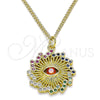 Oro Laminado Pendant Necklace, Gold Filled Style Evil Eye Design, with Multicolor Micro Pave and Garnet Cubic Zirconia, Polished, Golden Finish, 04.313.0049.20 (02 MM Thickness, 20 Inches Length)