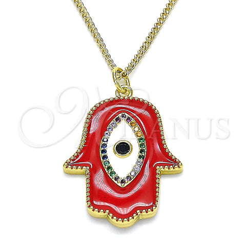 Oro Laminado Pendant Necklace, Gold Filled Style Hand of God and Evil Eye Design, with Multicolor Micro Pave and Black Cubic Zirconia, Red Enamel Finish, Golden Finish, 04.313.0051.20 (02 MM Thickness, 20 Inches Length)