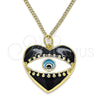 Oro Laminado Pendant Necklace, Gold Filled Style Evil Eye and Heart Design, Black Enamel Finish, Golden Finish, 04.313.0058.20 (02 MM Thickness, 20 Inches Length)