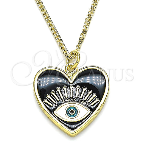 Oro Laminado Pendant Necklace, Gold Filled Style Evil Eye and Heart Design, Black Enamel Finish, Golden Finish, 04.313.0062.20 (02 MM Thickness, 20 Inches Length)