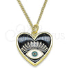 Oro Laminado Pendant Necklace, Gold Filled Style Evil Eye and Heart Design, Black Enamel Finish, Golden Finish, 04.313.0062.20 (02 MM Thickness, 20 Inches Length)