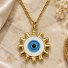 Oro Laminado Pendant Necklace, Gold Filled Style Evil Eye and Sun Design, White Enamel Finish, Golden Finish, 04.313.0063.20 (02 MM Thickness, 20 Inches Length)
