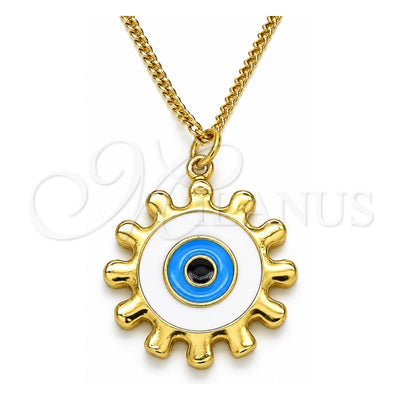 Oro Laminado Pendant Necklace, Gold Filled Style Evil Eye and Sun Design, White Enamel Finish, Golden Finish, 04.313.0063.20 (02 MM Thickness, 20 Inches Length)