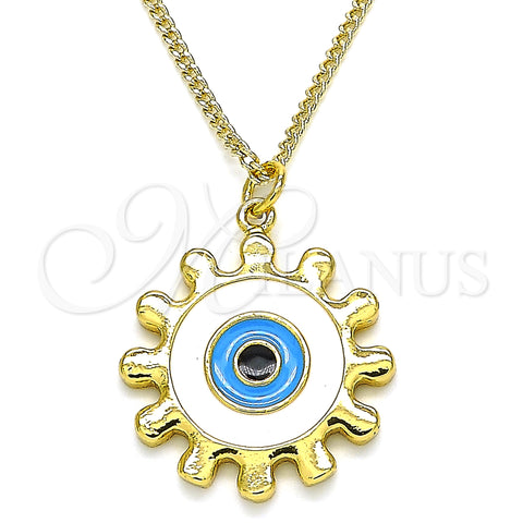 Oro Laminado Pendant Necklace, Gold Filled Style Evil Eye and Sun Design, White Enamel Finish, Golden Finish, 04.313.0063.20 (02 MM Thickness, 20 Inches Length)