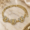 Oro Laminado Fancy Bracelet, Gold Filled Style Guadalupe Design, with White Crystal, Polished, Golden Finish, 03.380.0033.07 (04 MM Thickness, 7 Inches Length)
