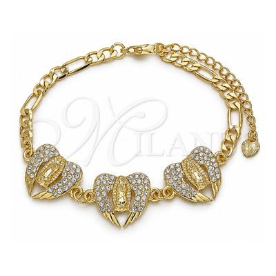 Oro Laminado Fancy Bracelet, Gold Filled Style Guadalupe Design, with White Crystal, Polished, Golden Finish, 03.380.0033.07 (04 MM Thickness, 7 Inches Length)