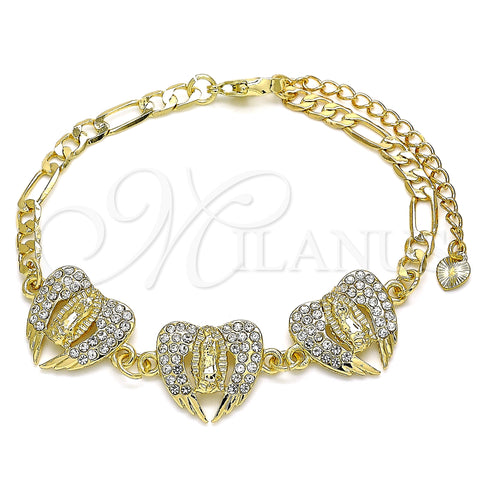 Oro Laminado Fancy Bracelet, Gold Filled Style Guadalupe Design, with White Crystal, Polished, Golden Finish, 03.380.0033.07 (04 MM Thickness, 7 Inches Length)