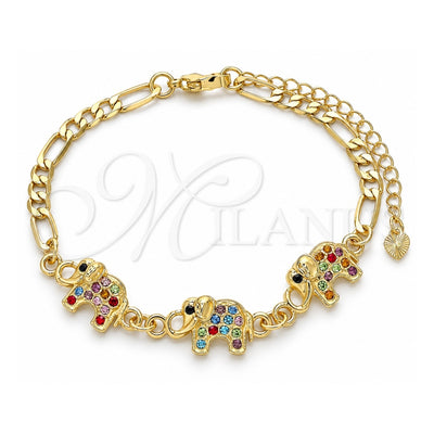 Oro Laminado Fancy Bracelet, Gold Filled Style Elephant Design, with Multicolor Crystal, Polished, Golden Finish, 03.380.0034.08 (04 MM Thickness, 8 Inches Length)