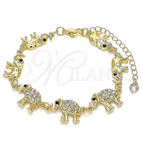 Oro Laminado Fancy Bracelet, Gold Filled Style Elephant Design, with White and Black Crystal, Polished, Golden Finish, 03.380.0036.07 (09 MM Thickness, 7 Inches Length)