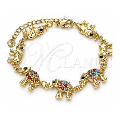 Oro Laminado Fancy Bracelet, Gold Filled Style Elephant Design, with Multicolor Crystal, Polished, Golden Finish, 03.380.0036.1.07 (09 MM Thickness, 7 Inches Length)