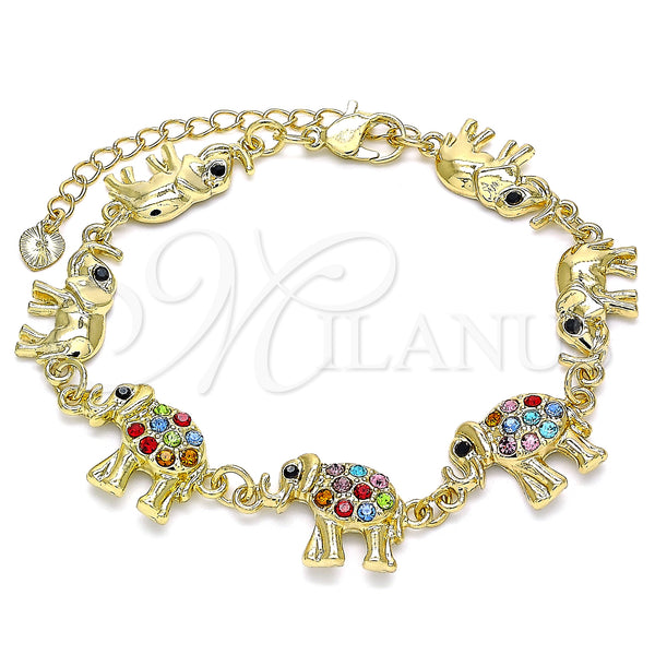 Gold Filled Bracelet — Fancy Bracelet Elephant Design with Multicolor Crystal Polished — main product view — SKU 141034 | Oro Laminado brazalete — elegante Bracelet Elephant diseño with Multicolor cristal pulido — SKU 141034