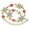 Oro Laminado Fancy Bracelet, Gold Filled Style Turtle and Evil Eye Design, with White and Black Crystal, Red Resin Finish, Golden Finish, 03.380.0039.1.07 (14 MM Thickness, 7 Inches Length)
