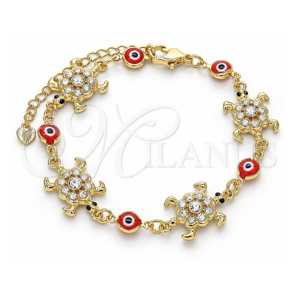 Oro Laminado Fancy Bracelet, Gold Filled Style Turtle and Evil Eye Design, with White and Black Crystal, Red Resin Finish, Golden Finish, 03.380.0039.1.07 (14 MM Thickness, 7 Inches Length)