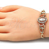 Oro Laminado Fancy Bracelet, Gold Filled Style Guadalupe and Dolphin Design, with White and Black Crystal, Polished, Tricolor, 03.380.0041.08 (04 MM Thickness, 8 Inches Length)
