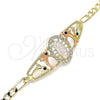 Oro Laminado Fancy Bracelet, Gold Filled Style Guadalupe and Dolphin Design, with White and Black Crystal, Polished, Tricolor, 03.380.0041.08 (04 MM Thickness, 8 Inches Length)