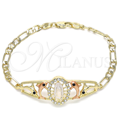 Oro Laminado Fancy Bracelet, Gold Filled Style Guadalupe and Dolphin Design, with White and Black Crystal, Polished, Tricolor, 03.380.0041.08 (04 MM Thickness, 8 Inches Length)